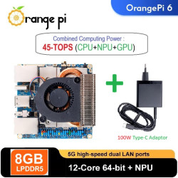 Orange Pi 6 - 8GB RAM 12-Core CPU 45-TOPS AI Computing Power Integrated Cooler Fan  100W Power Supply